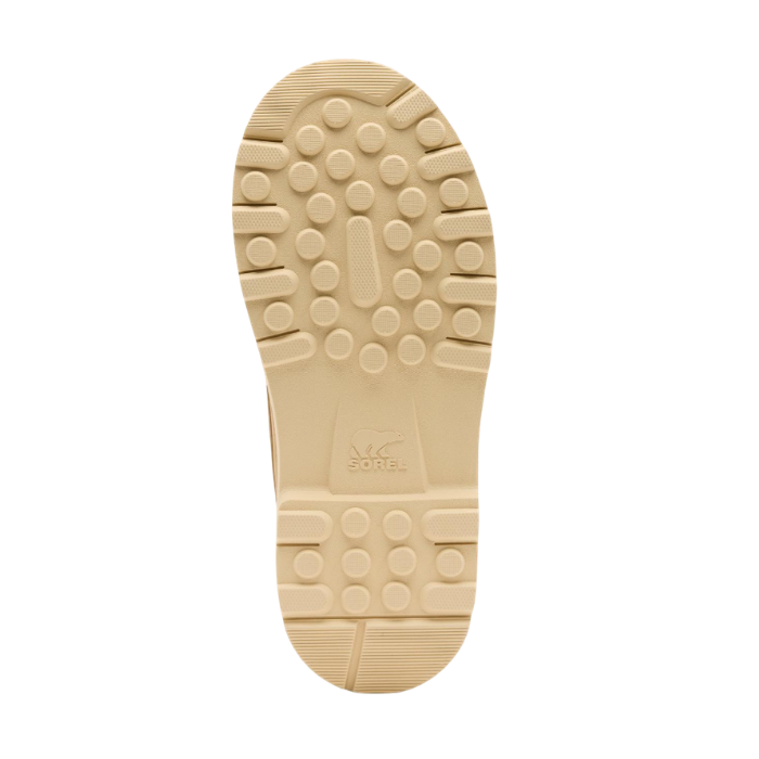 Tan outsole with thick circle tread pattern and Sorel logo stamped in middle.