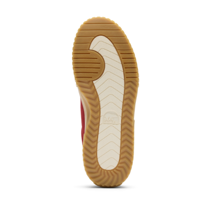 Tan gum outsole with light tread, cream center and Sorel logo stamped in middle.