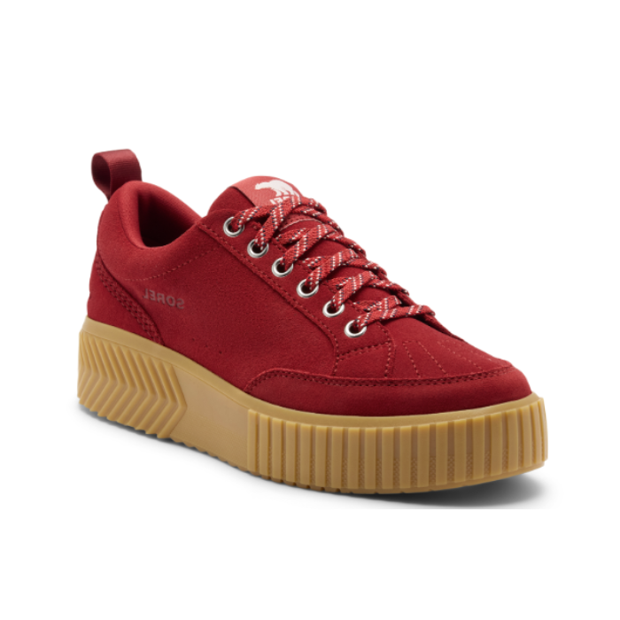 Red suede platform leather lace sneaker with Sorel logo on tongue and tan gum outsole.