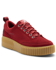 Red suede platform leather lace sneaker with Sorel logo on tongue and tan gum outsole.