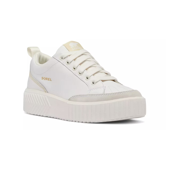 White platform leather lace sneaker with gum sole and cream heel accent.