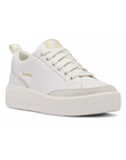 White platform leather lace sneaker with gum sole and cream heel accent.