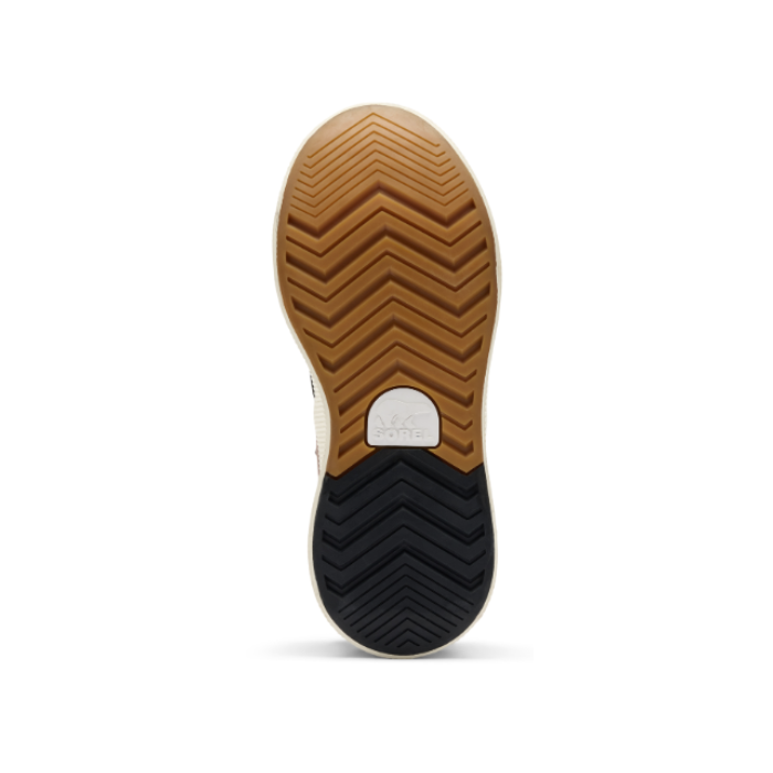 Zig-Zag treaded outsole with three quarters tan and heel section black with white Sorel logo stamped in middle.