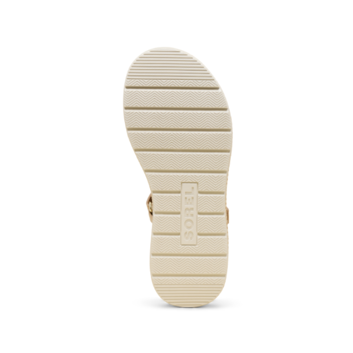 Light treaded off-white outsole with Sorel logo stamped in middle.