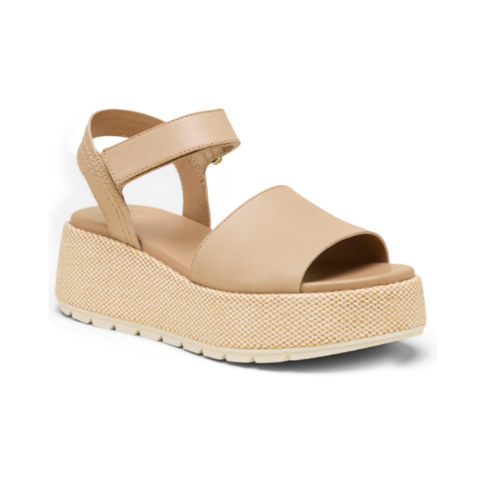 Beige backstrap sandal with a thick band over toe and a woven pattern platform sole.