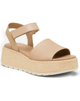Beige backstrap sandal with a thick band over toe and a woven pattern platform sole.