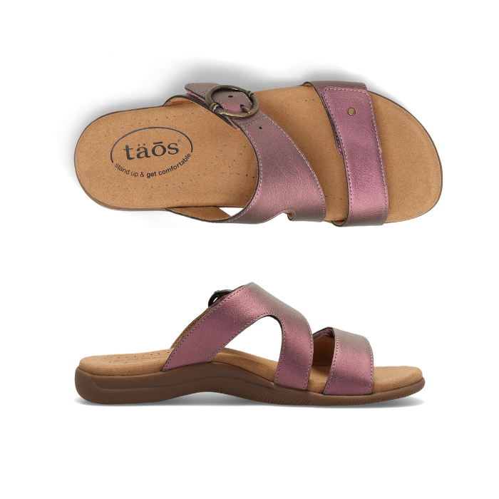 Pair of Purple metallic slide sandals with two Velcro straps, detail buckle, beige Taos logo'd footbed and black outsole.
