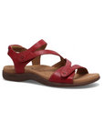 Red backstrap sandal with two Velcro cross straps, tan Taos logo'd footbed and dark brown outsole.