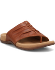 Women's Taos Gift Slide Toe-Ring Sandal in brown leather featuring ergonomic footbed and lightweight sole for stylish comfort and support.
