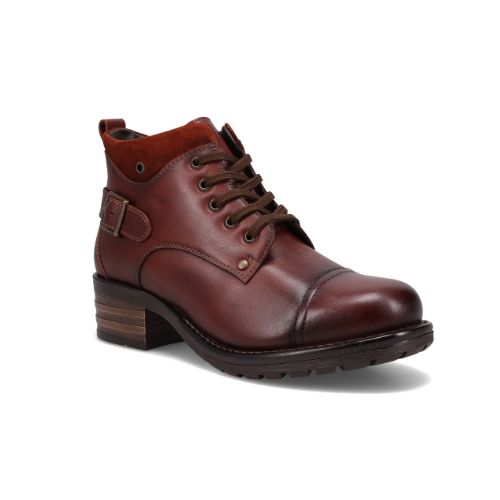 Red leather lace-up boot with a buckle at heel and brown low block heeled outsole.