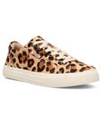 Leopard print pony hair sneaker with white laces, and a white thick rubber outsole.