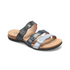 Slide sandal with wavy straps; black strap, dark blue strap and light blue strap, tan Taos logo'd footbed and black outsole.