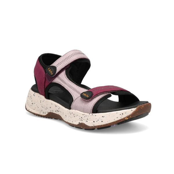 Taos Super Side Backstrap Sandal in plum and lavender with cushioned arch support, water-friendly leather, and durable speckled outsole.