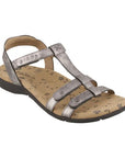 Pewter strappy sandal with metal detail circles and contrast stitching with a floral footbed.