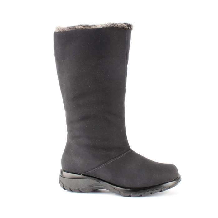 A mid-calf black suede boot with a grey faux-fur lining visible at the top and deep treaded outsole.
