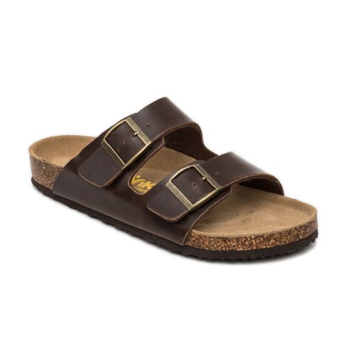 Dark brown Austin sandal with two buckle straps over foot and cork footbed by Viking
