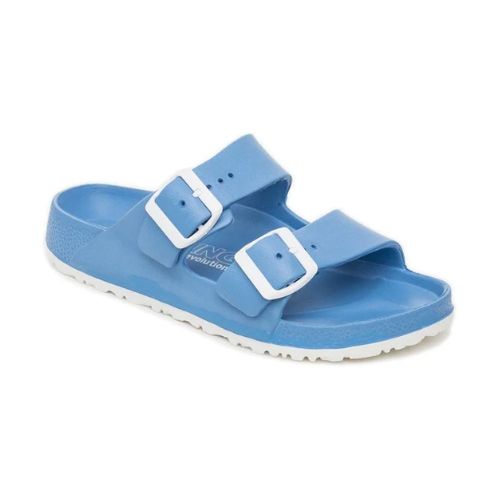 Blue EVA sandal with two white buckles and white outsole.