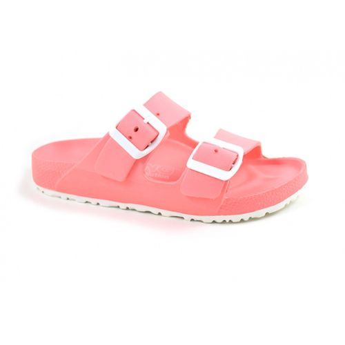 Pink EVA sandal with two white buckles and white outsole.