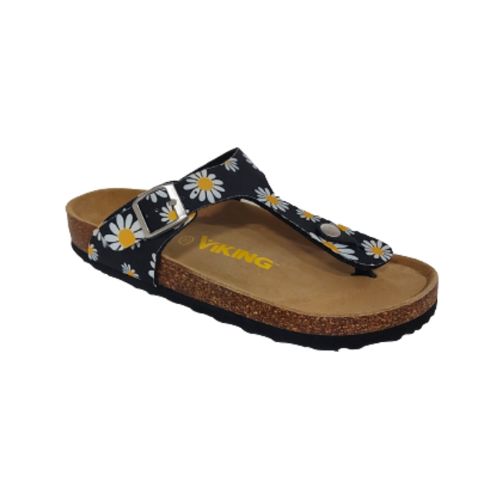 Black daisy thong style sandal with adjustable buckle strap