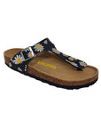 Black daisy thong style sandal with adjustable buckle strap