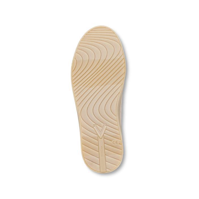 Tan wave patterned outsole with Vionic logo on heel.