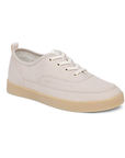 Light greyish pink casual sneaker with off-white laces and tan outsole. 