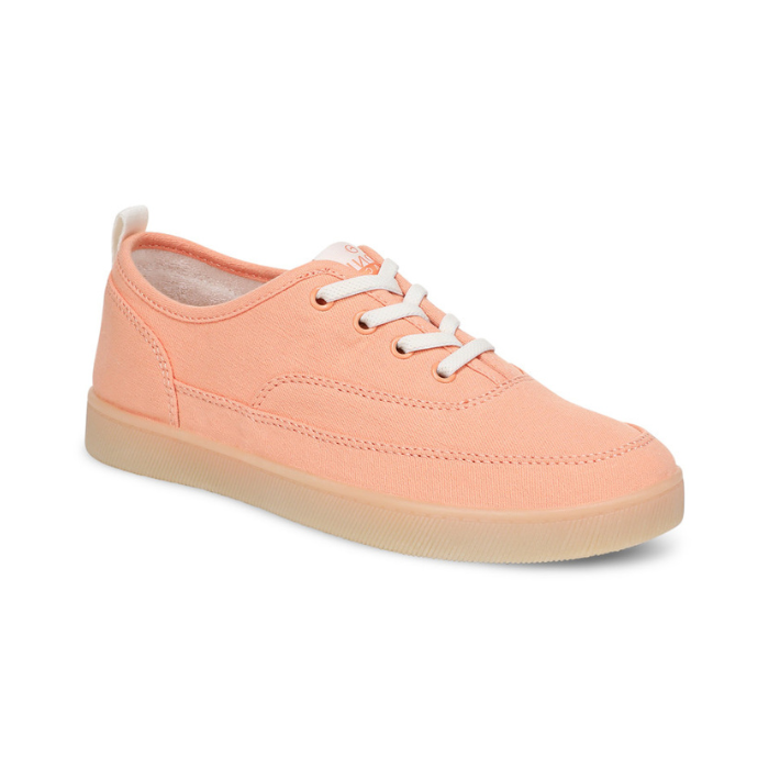 Peach casual sneaker with off-white laces and tan outsole. 