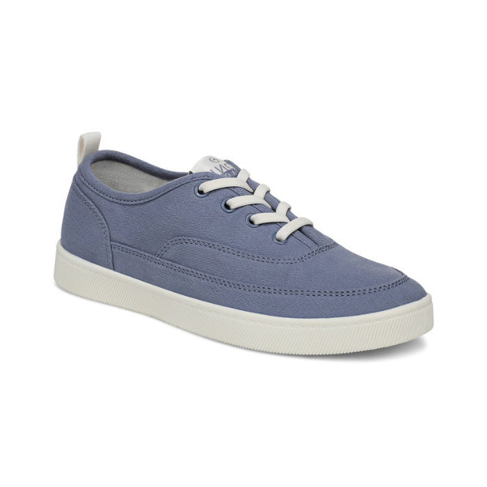 Denim casual sneaker with off-white laces and white outsole. 