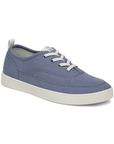 Denim casual sneaker with off-white laces and white outsole. 