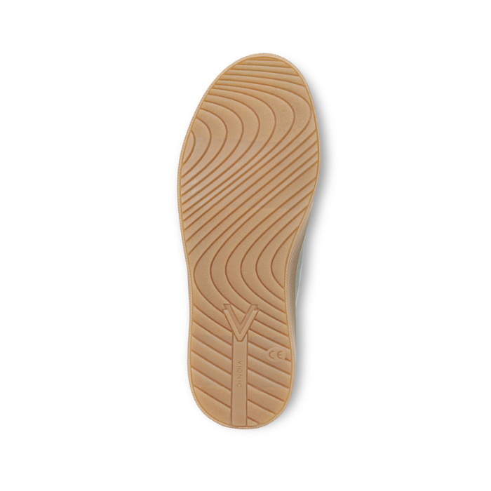 Tan wave patterned outsole with Vionic logo on heel.