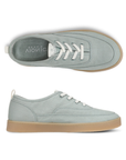 Pair of Light blue casual sneaker with white laces, light green footbed and tan outsole. 