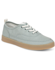 Light blue casual sneaker with white laces and tan outsole. 