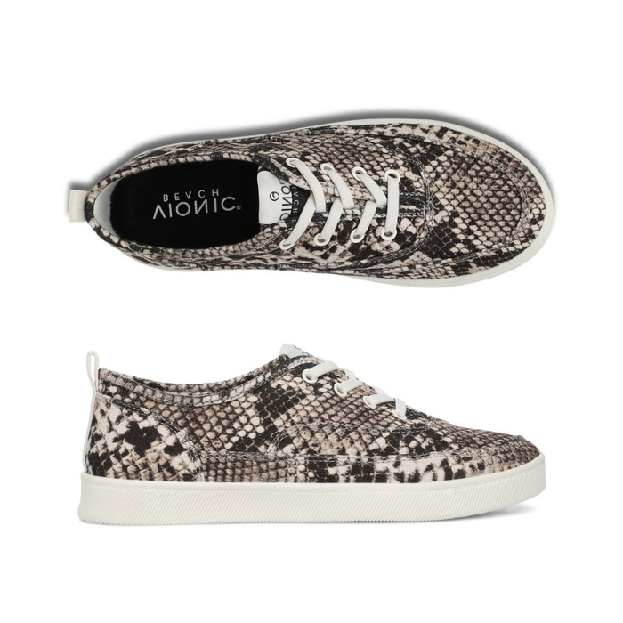 Pair of Snake print casual sneakers with white laces, black Vionic logo'd footbed and white outsole. 