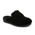 Black fuzzy mule slipper with rubber outsole.