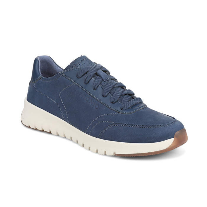 Blue casual sneaker with accent stitching, white midsole and tan outsole.
