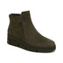 Olive suede ankle boot with side zipper and wedge heel.