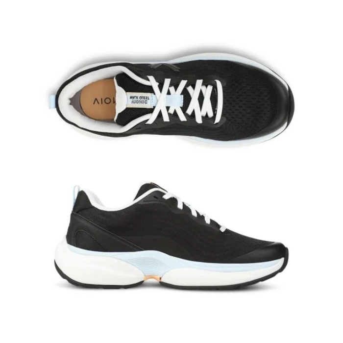 Pair of Black running shoes with white laces, thick white and pale blue midsole and black rubber outsole.