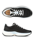 Pair of Black running shoes with white laces, thick white and pale blue midsole and black rubber outsole.