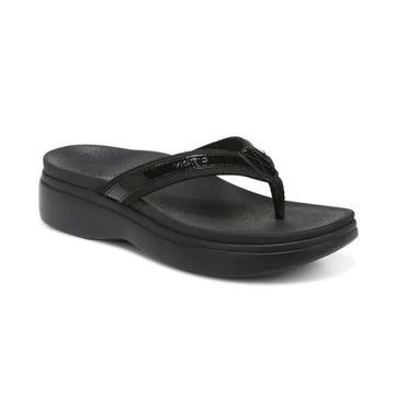 Black thong sandal with wedge outsole.