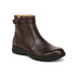 A brown ankle boot with a zipper, side buckle detail and a black outsole.