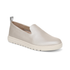 Slip-on loafer in champagne colored leather with pull tab and white lugged outsole.