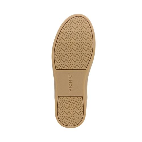 Tan "V" textured outsole with Vionic logo stamped in middle.