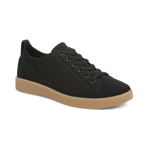 Black knit sneaker with black elastic laces, detailed stitching and thick tan outsole.