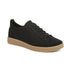 Black knit sneaker with black elastic laces, detailed stitching and thick tan outsole.