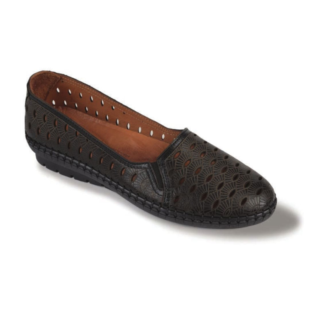 Black ballet flat shoe with oval cutouts, shell pattern imprints and brown outsole.