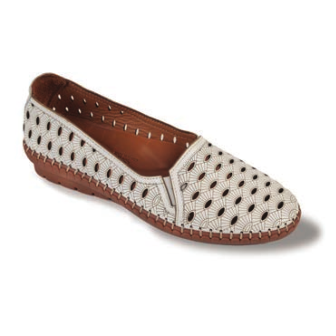 White ballet flat shoe with oval cutouts, shell pattern imprints and brown outsole.