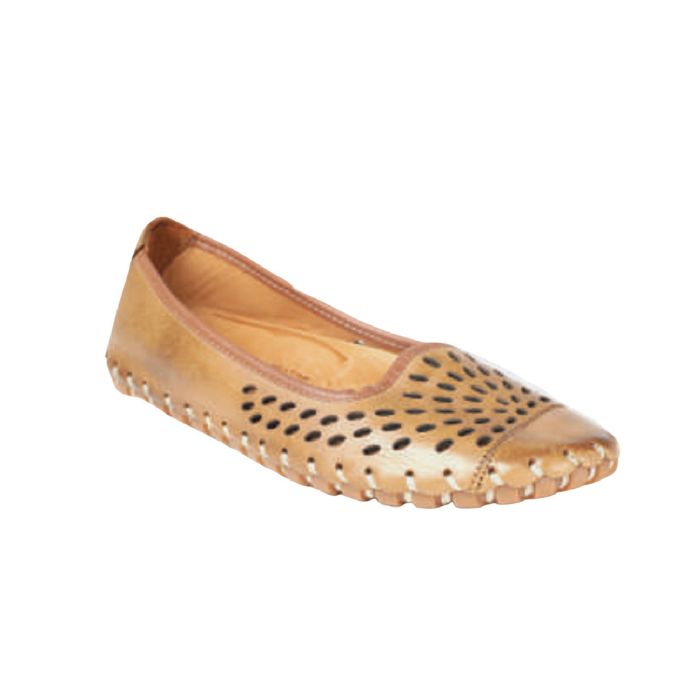 Brown leather ballerina flats with front cutouts.