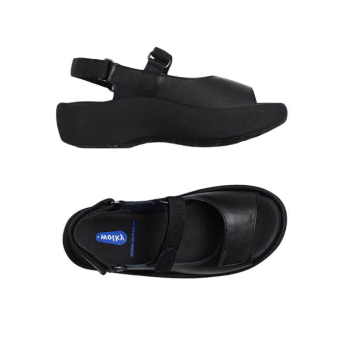 Pair of Black platform sandals with a closed side, open back, open toe, and adjustable hook-and-loop straps across the top and around the ankle.