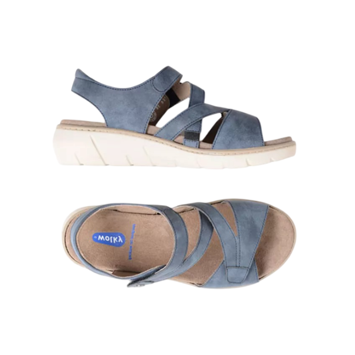 Pair of Blue backstrap sandals with two Velcro split design straps, tan Wolky logo'd footbed and cushioned grey outsole.