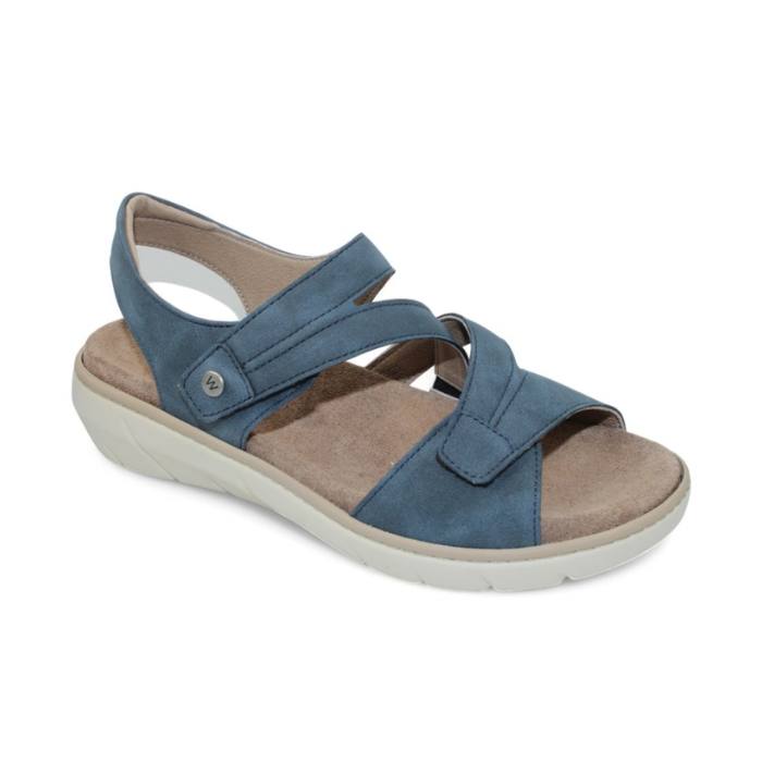 Blue backstrap sandal with two Velcro split design straps, tan footbed and cushioned grey outsole.